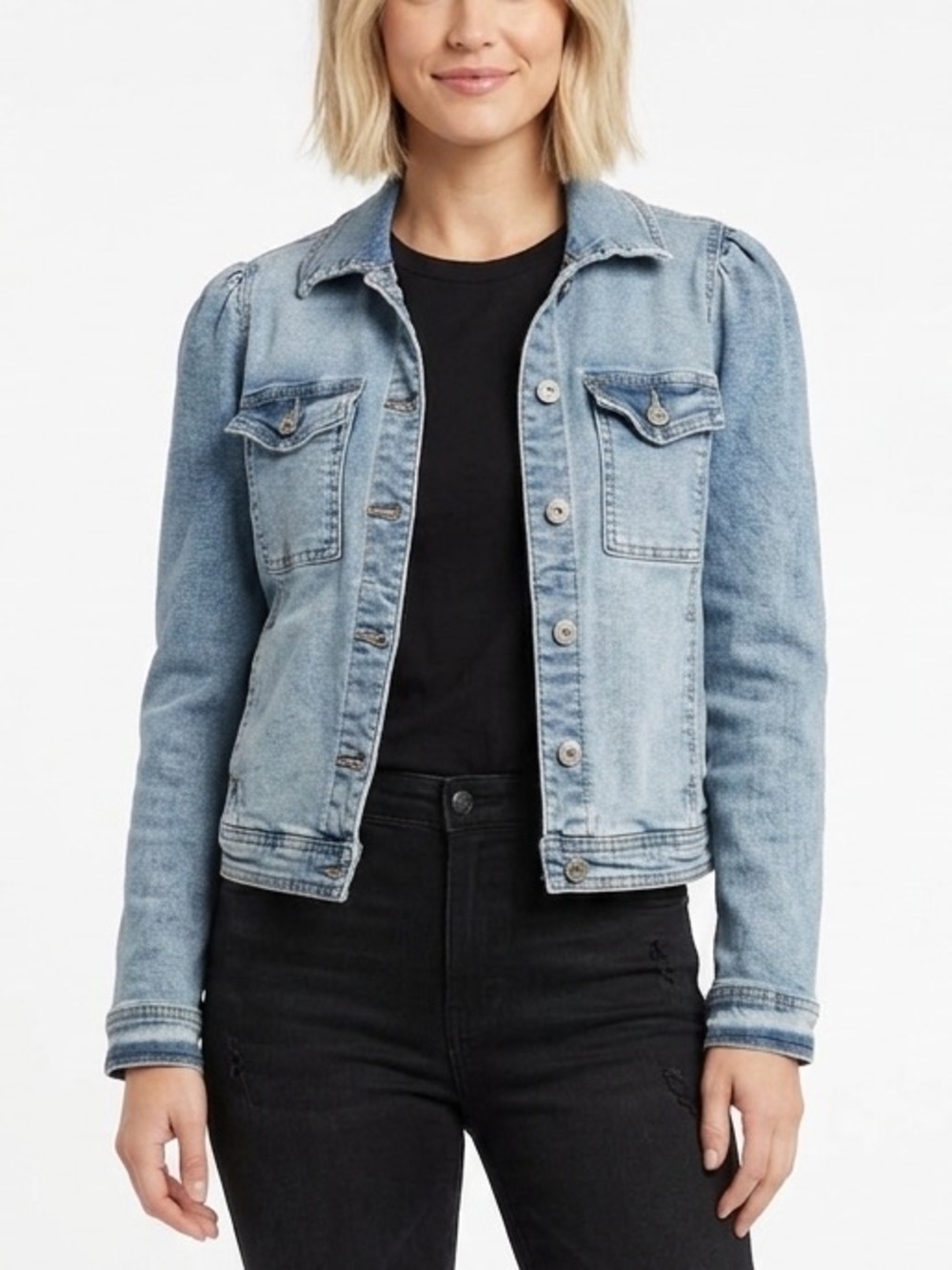 CURVE APPEAL Light Wash Denim Jean Jacket Puff Sleeve Shoulder Size Medium